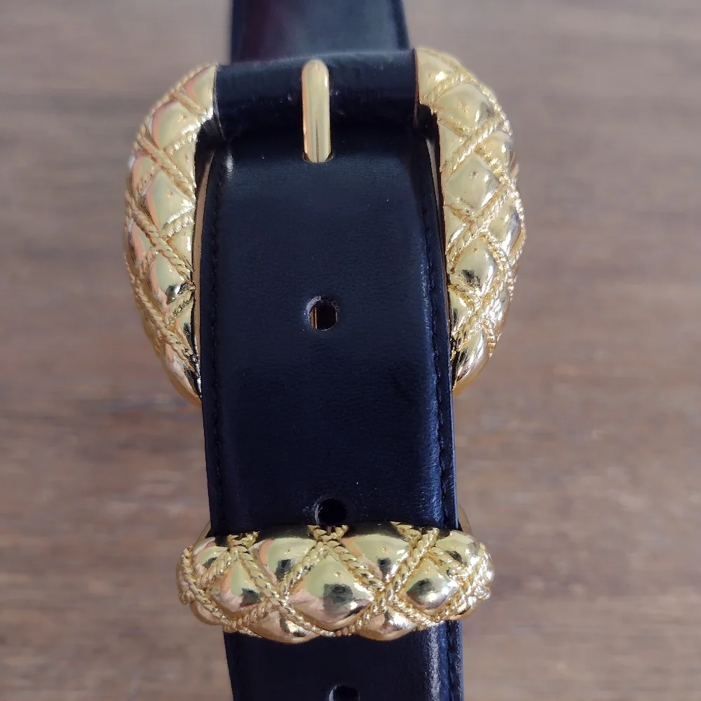Vintage 90s Cipriani Black Leather Gold Buckle Belt